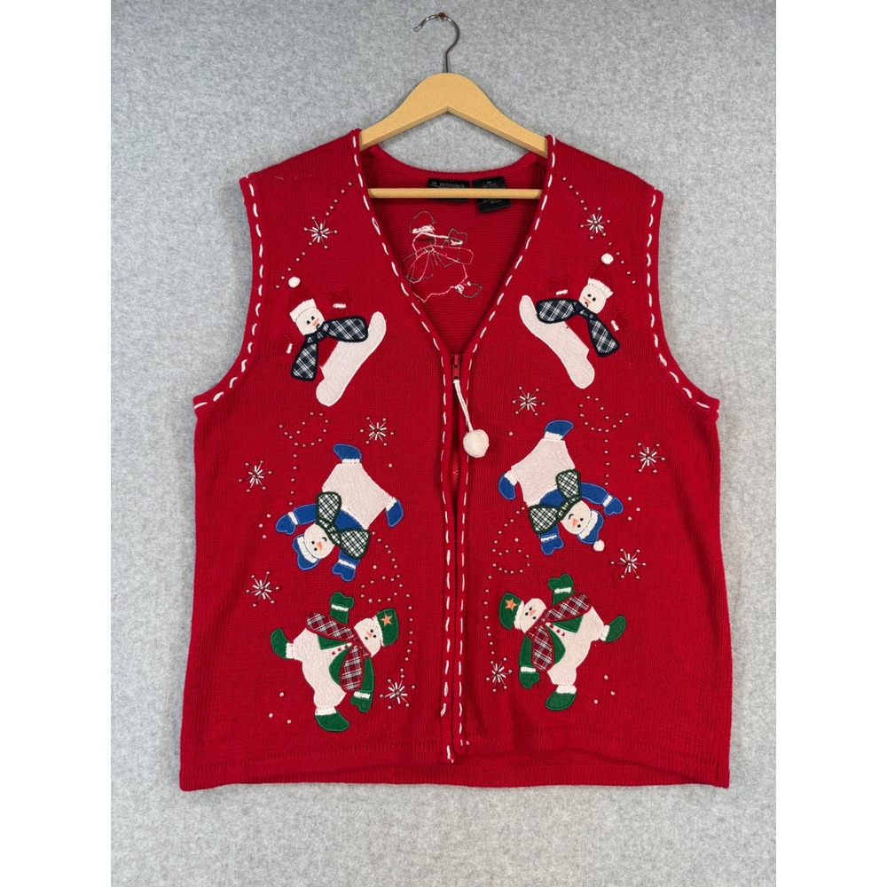 In Resource Woman 1X Sweater Vest Christmas Snowman Red Ramie Cotton Beaded
